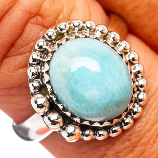Sterling silver oval larimar cabochon ring with round bead-style bezel, size 8.5