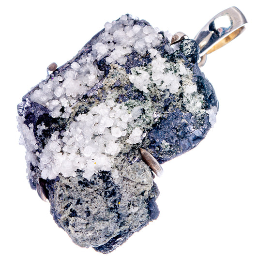 Sterling silver pendant with white quartz crystals and dark blue-gray sphalerite druzy