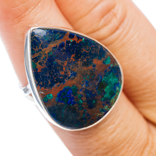 Sterling silver azurite ring with oval teardrop stone, smooth bezel, size 7.5