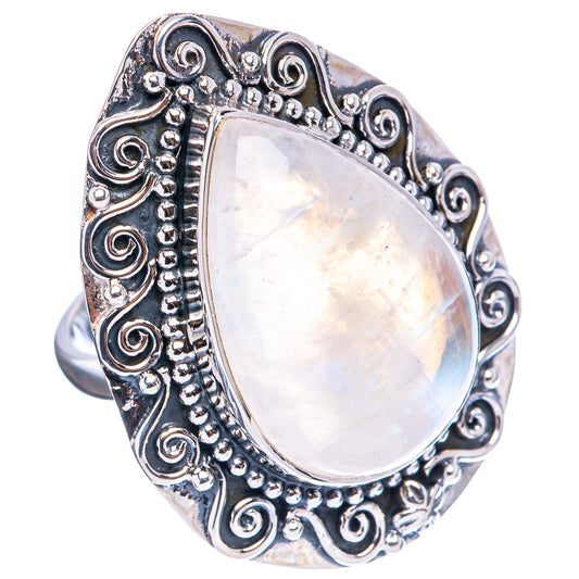 Sterling silver moonstone ring, large pear-cut iridescent stone in scrollwork setting