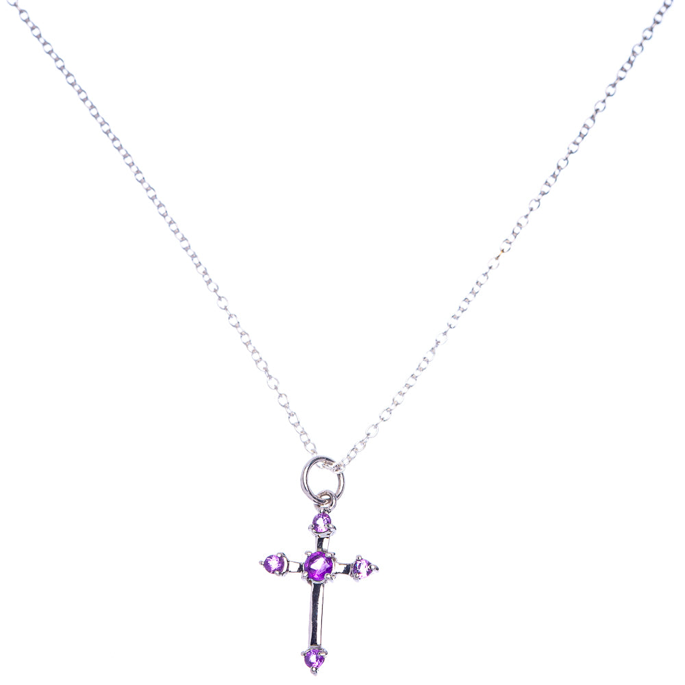 Sterling silver cross necklace with faceted amethyst gemstones and link chain