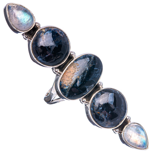 Side view of five-stone oval gemstone ring in .925 sterling silver with dark blue and moonstone