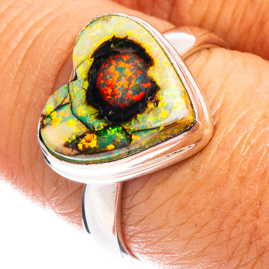 Heart opal cabochon sterling silver ring with multicolor face, size 7.75