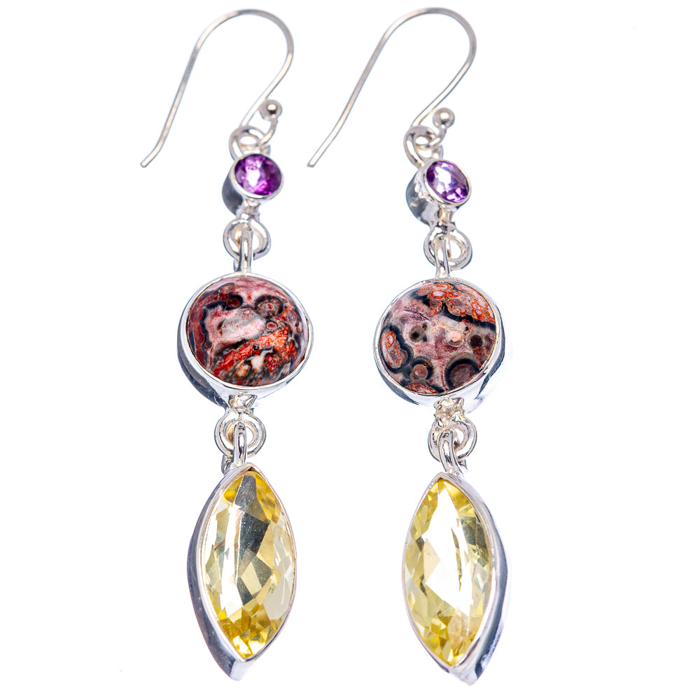 Pair of sterling silver hook earrings with round leopard jasper and purple, yellow marquise drops