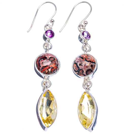 Pair of sterling silver hook earrings with round leopard jasper and purple, yellow marquise drops