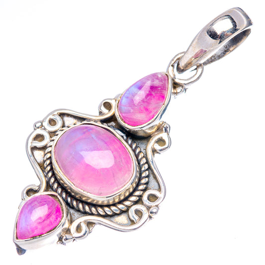 Sterling silver pink moonstone pendant, large oval center stone with small side stones