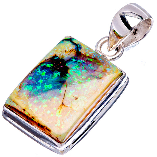 Sterling silver rectangular opal pendant with green-blue fire and polished bezel, bail top