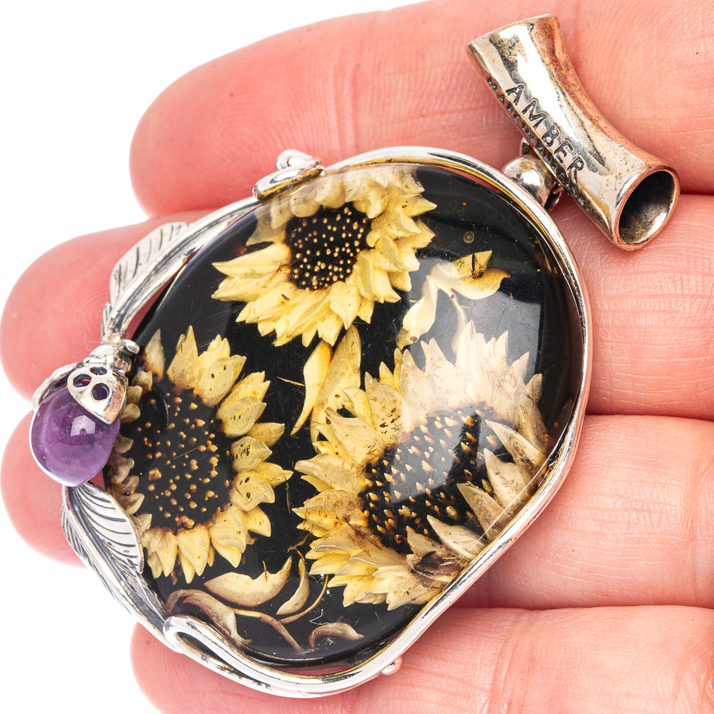 Ana Silver Co Baltic Amber Cameo Pendant 2 1/4" (925 Sterlnig Silver)