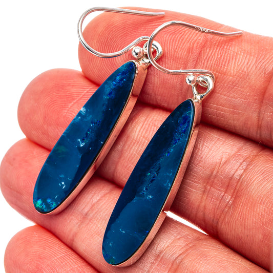 Sterling silver opal doublet drop earrings with blue teardrop stones on hoop hooks