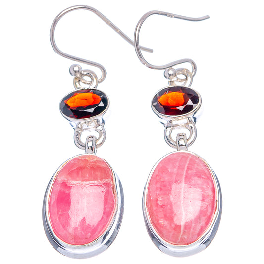 Pink oval drop earrings with silver hooks, dark faceted top stones and rhodochrosite drops