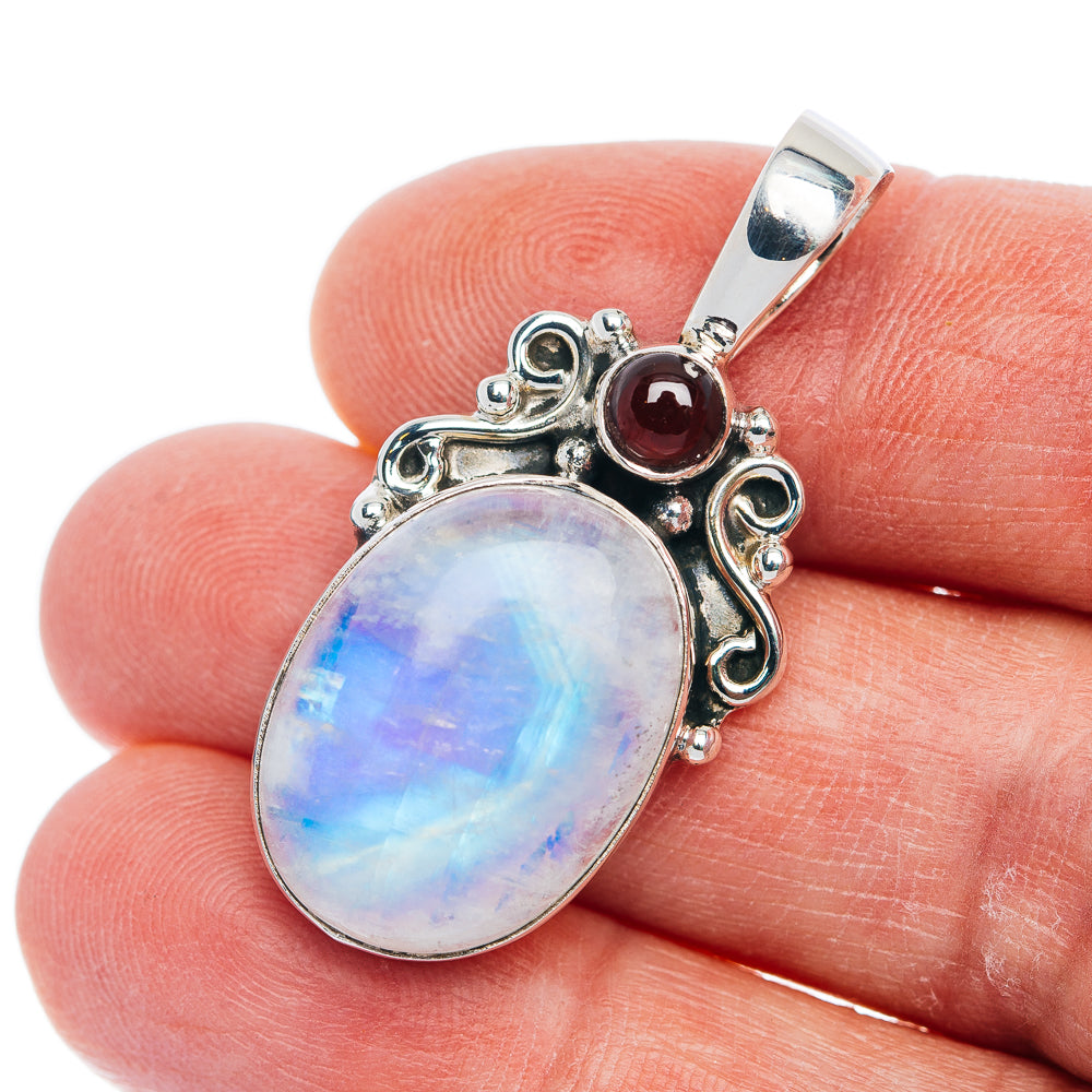Premium Rainbow Moonstone, Garnet Pendant 1 1/2" (.925 Sterling Silver)