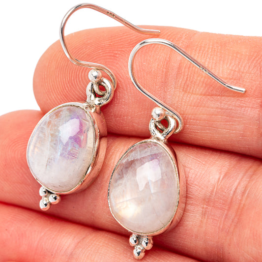 Sterling silver moonstone teardrop drop earrings with rainbow sheen, lever hooks