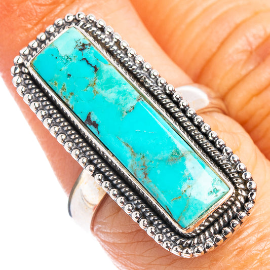 Turquoise rectangular .925 sterling silver ring, beaded border, size 7