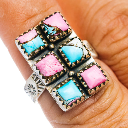 Southwestern silver ring with turquoise and pink square inlay stones