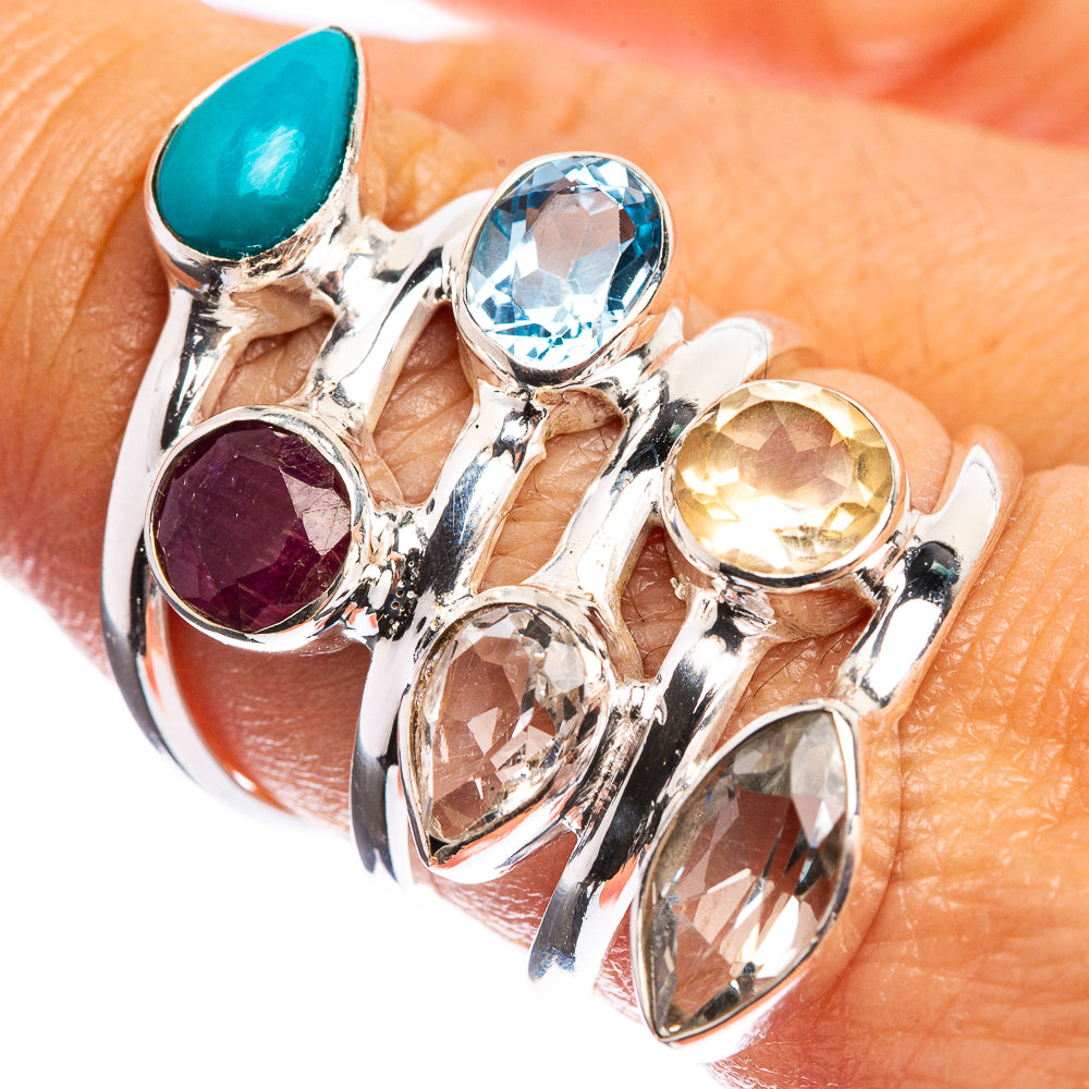 Large Sleeping Beauty Turquoise, Ruby, Blue Topaz, White Quartz, Citrine 925 Sterling Silver Ring Size 7.75