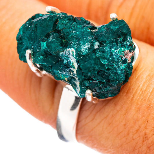 Raw dioptase ring in sterling silver with chunky green crystal cluster, size 8.5