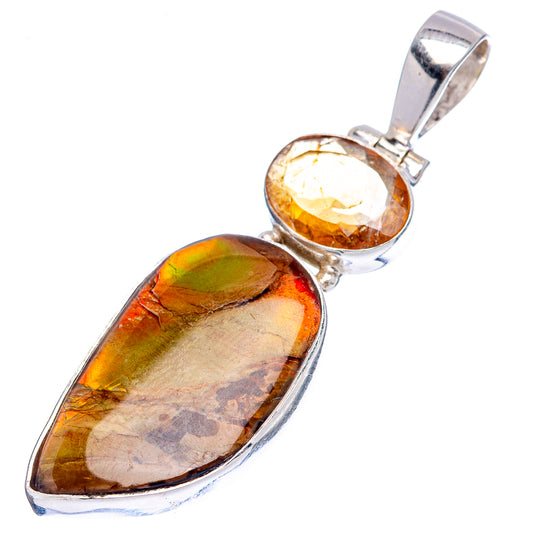 Sterling silver pendant with round orange ammolite and teardrop green-amber ammolite