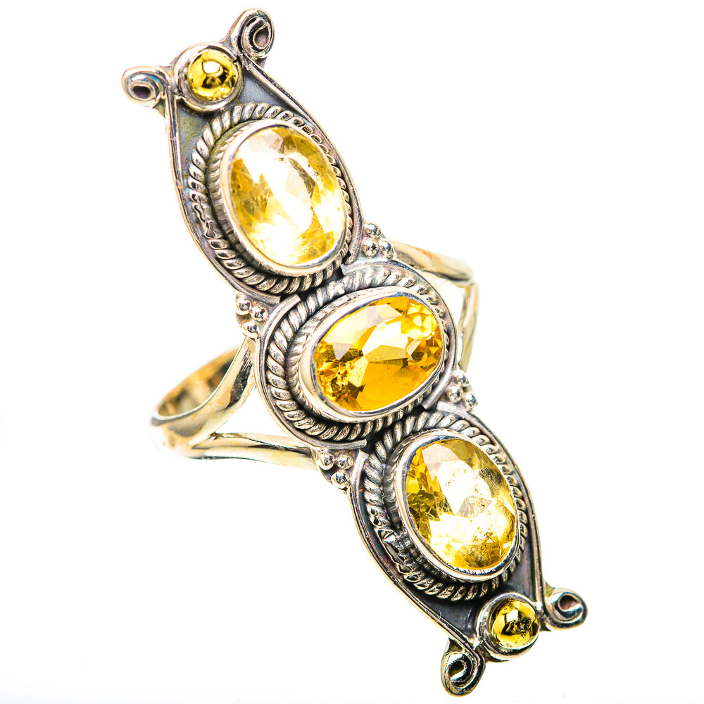 Sterling silver citrine ring, three oval yellow faceted stones with detailed prong settings