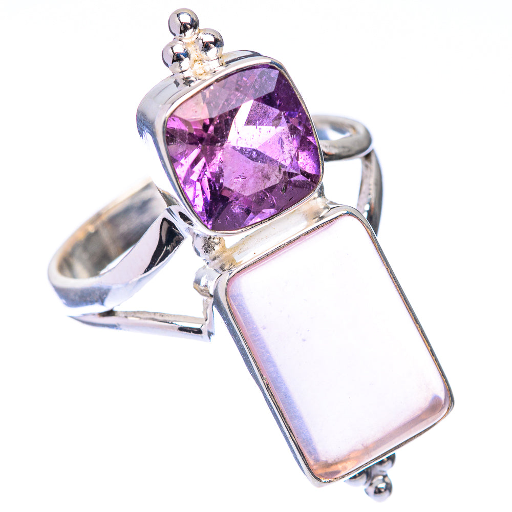 Sterling silver ring featuring oval amethyst and rose quartz cabochons, openwork side
