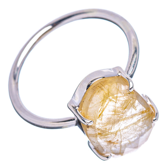 Sterling silver ring with teardrop faceted rutilated quartz centerpiece, gold needle fibers