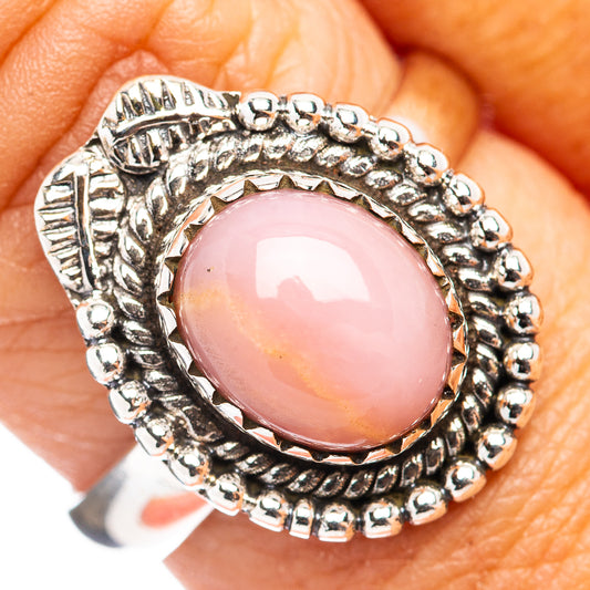 Pink opal cabochon ring with ornate .925 sterling silver bezel and beadwork