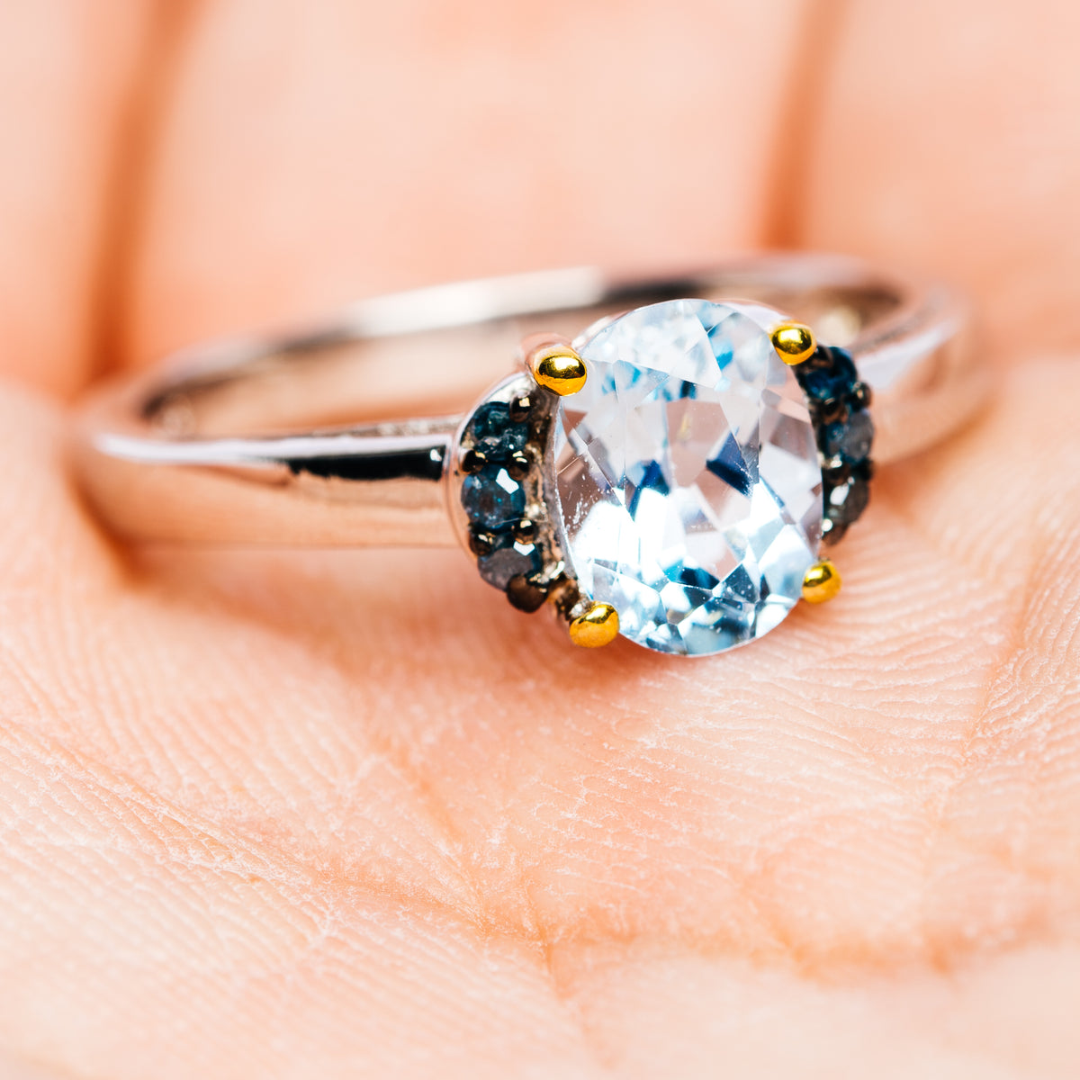 Blue Topaz, Blue Diamond Ring Size 7.75 (.925 Sterling Silver)