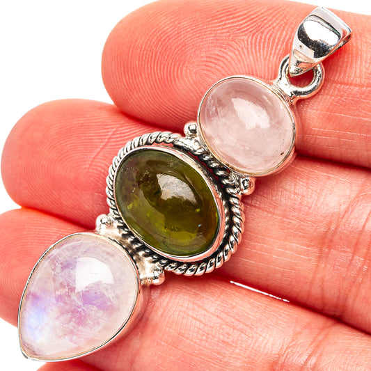 Sterling silver pendant with oval pink moonstone and oval green peridot stones