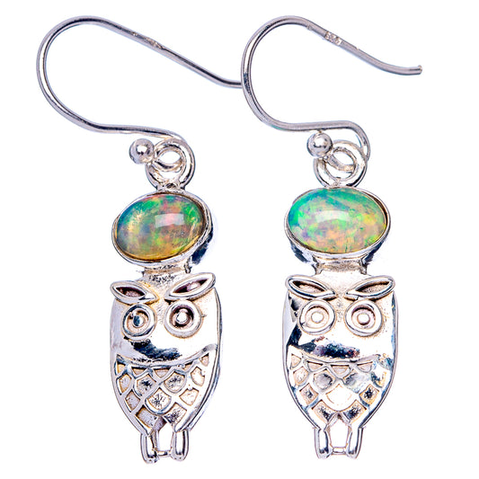 Rare Ethiopian Opal Owl Earrings 1 3/8" (925 Sterling Silver) E1548