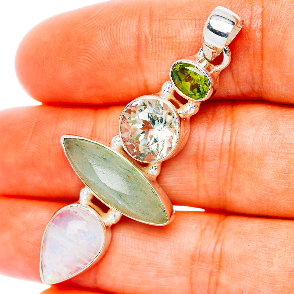 Premium Multi-Gem Rainbow Moonstone, Prehnite,Green Amethyst, Peridot Pendant 2 1/8" (.925 Sterling Silver)
