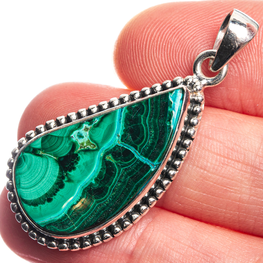 Teardrop malachite-chrysocolla gemstone pendant in 925 sterling silver, beaded rim