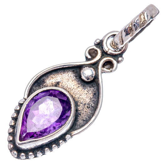 Sterling silver amethyst teardrop pendant with decorative bail and scalloped edge