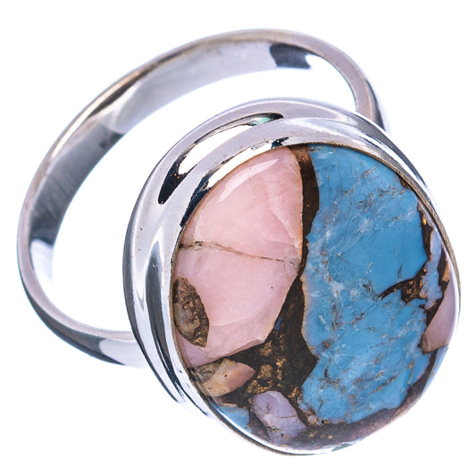 Sterling silver ring with oval pink and blue turquoise stone, polished band view