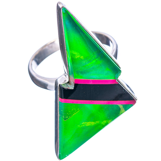 Sterling silver opal bolt ring with green triangular gemstone and pink inlay