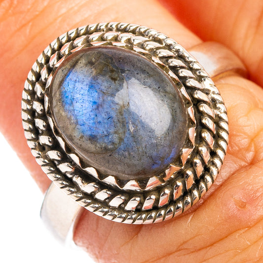 Labradorite ring in .925 sterling silver, oval gray-blue stone with rope bezel