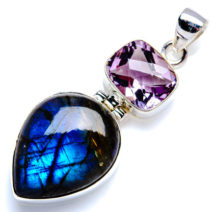 Sterling silver heart pendant showing blue labradorite and light purple amethyst side view