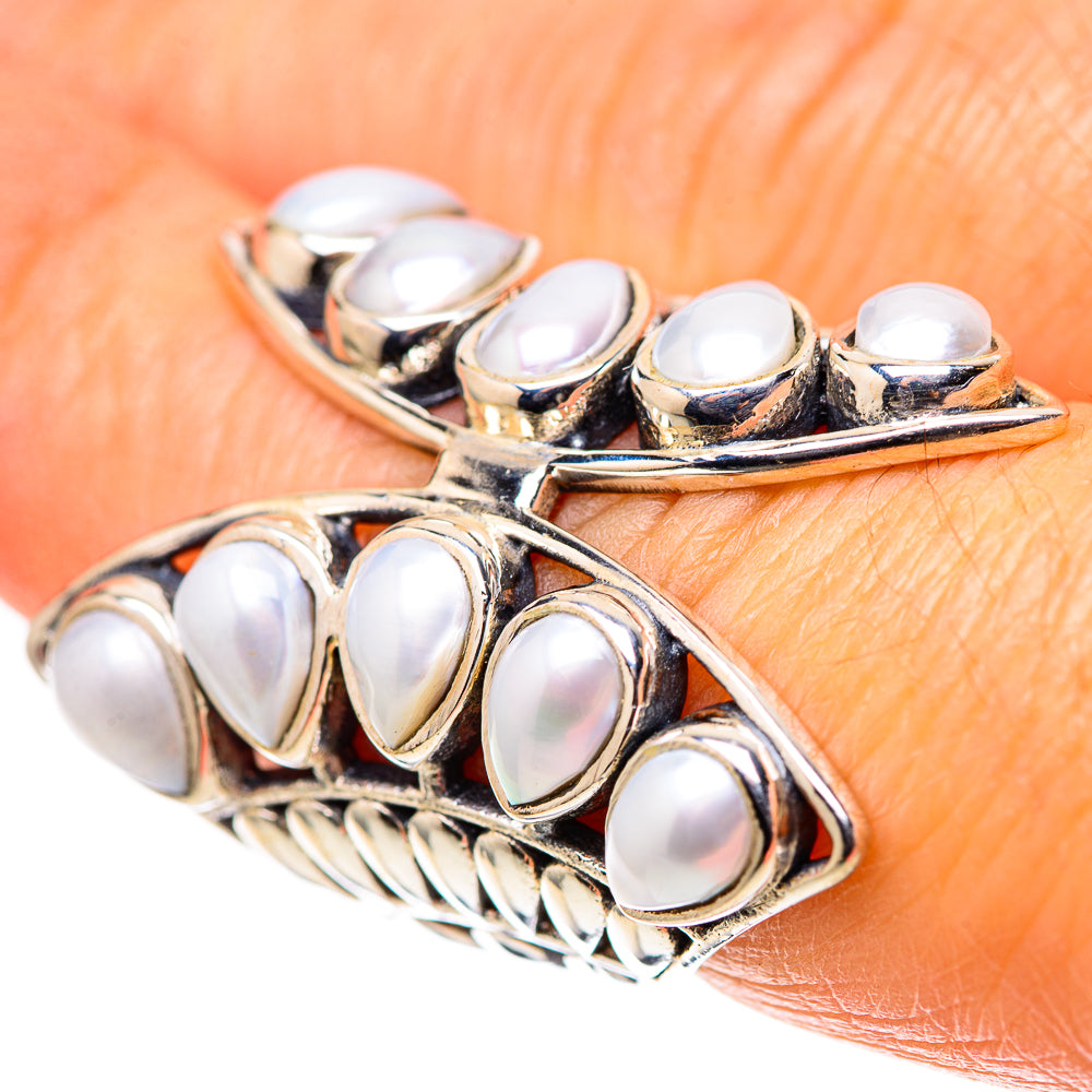 Sterling silver ring with large white cultured pearls in openwork leaf design