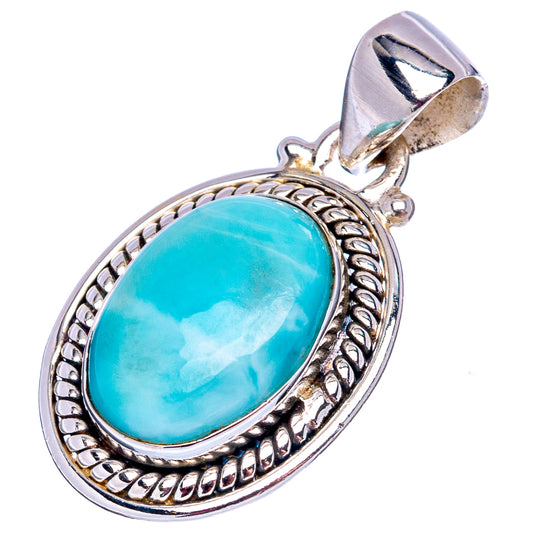 .925 sterling silver larimar pendant with oval blue gemstone and ornate beaded bezel
