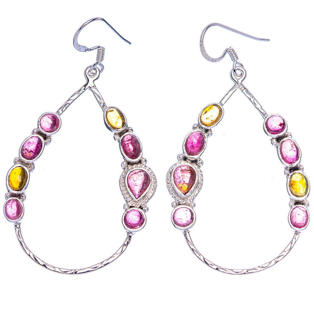 Sterling silver dangling hoop earrings with pink and yellow oval gemstones