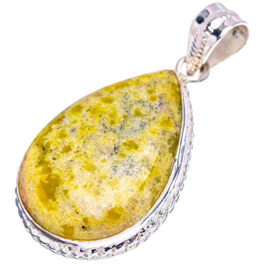 Sterling silver lizardite pendant, teardrop yellow-green stone with textured silver frame