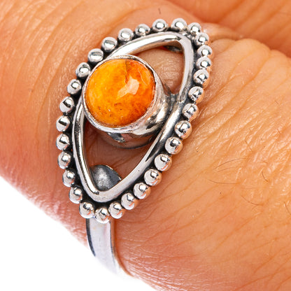 Orange coral cabochon 925 sterling silver dainty ring with beaded halo, size 7.75