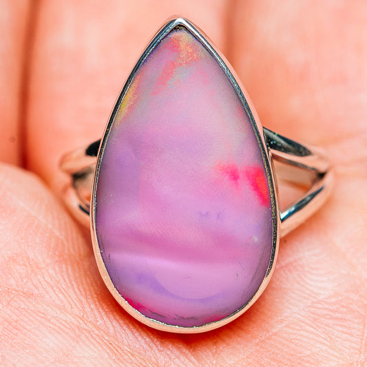 Sterling silver teardrop opal ring with pink-purple iridescent teardrop stone, size 7