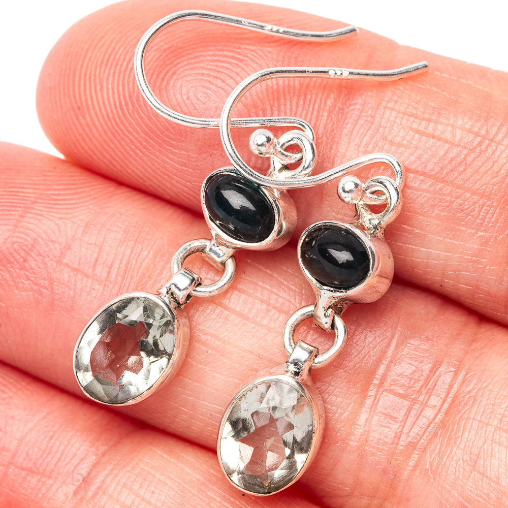 Sterling silver drop earrings with black oval stone and clear faceted oval dangles
