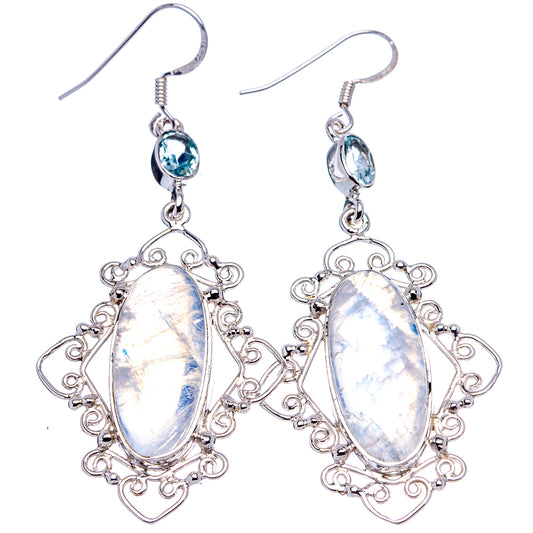Sterling silver oval gemstone drop earrings with blue top accents and filigree frames