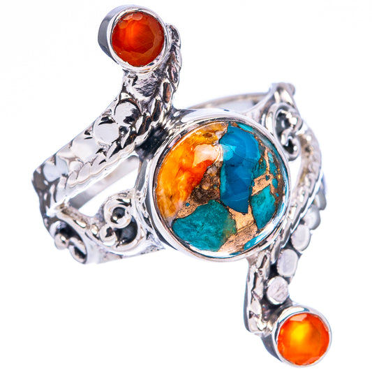Turquoise spiny oyster center oval ring with carnelian side stones, .925 sterling silver
