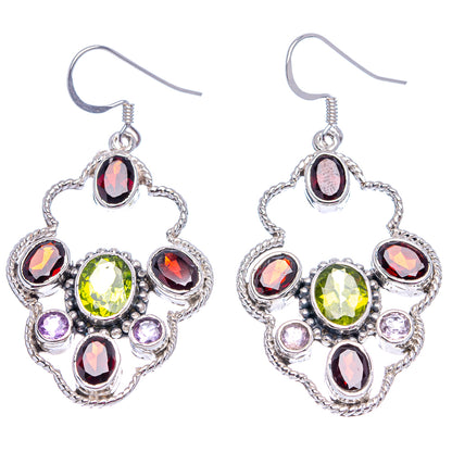 Sterling silver dangle earrings with green center gemstone, red and purple oval stones, filigree