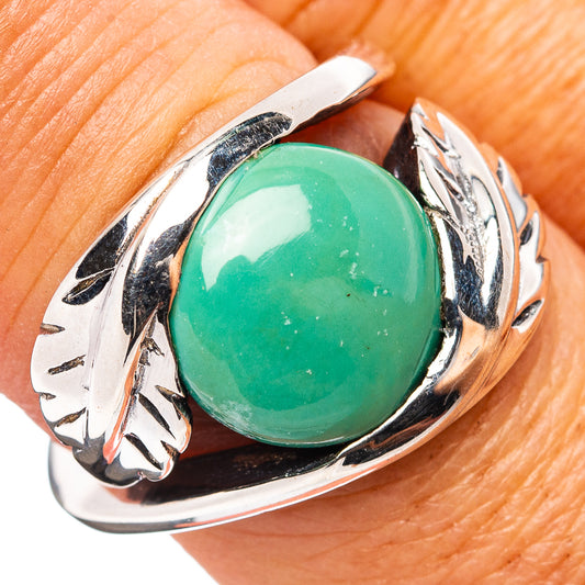 Size 7 turquoise cabochon ring in .925 sterling silver, oval green stone, close-up.