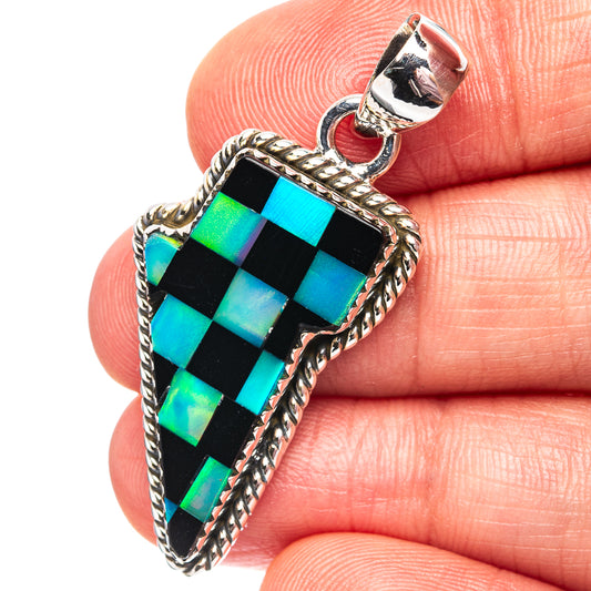 Sterling silver lightning bolt pendant with blue-green opal checkered inlay