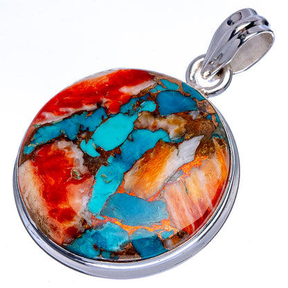 Oval turquoise pendant with red and orange stone in sterling silver frame
