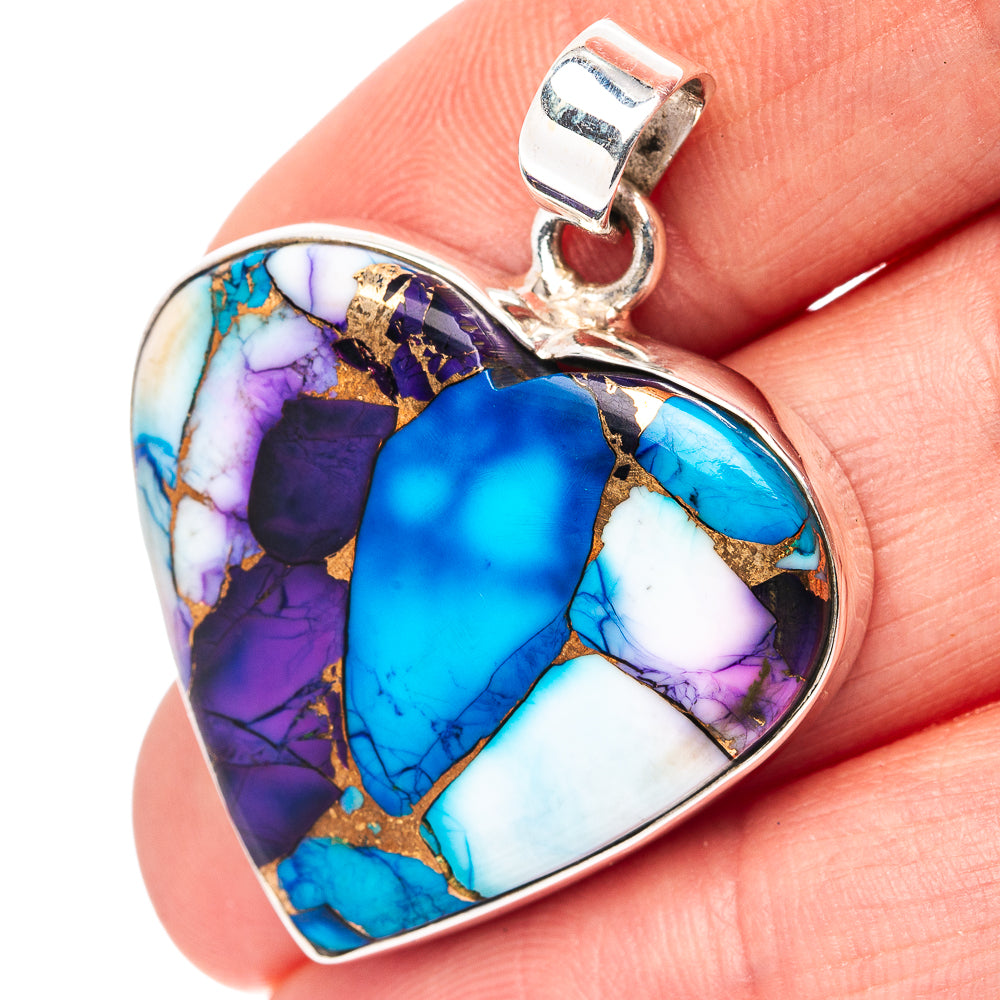 Premium Purple Dahlia Turquoise Heart Pendant 1 3/8" (.925 Sterling Silver)