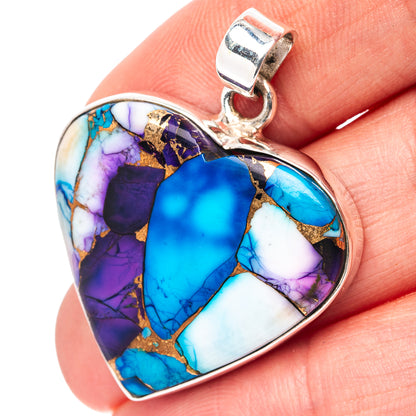 Premium Purple Dahlia Turquoise Heart Pendant 1 3/8" (.925 Sterling Silver)